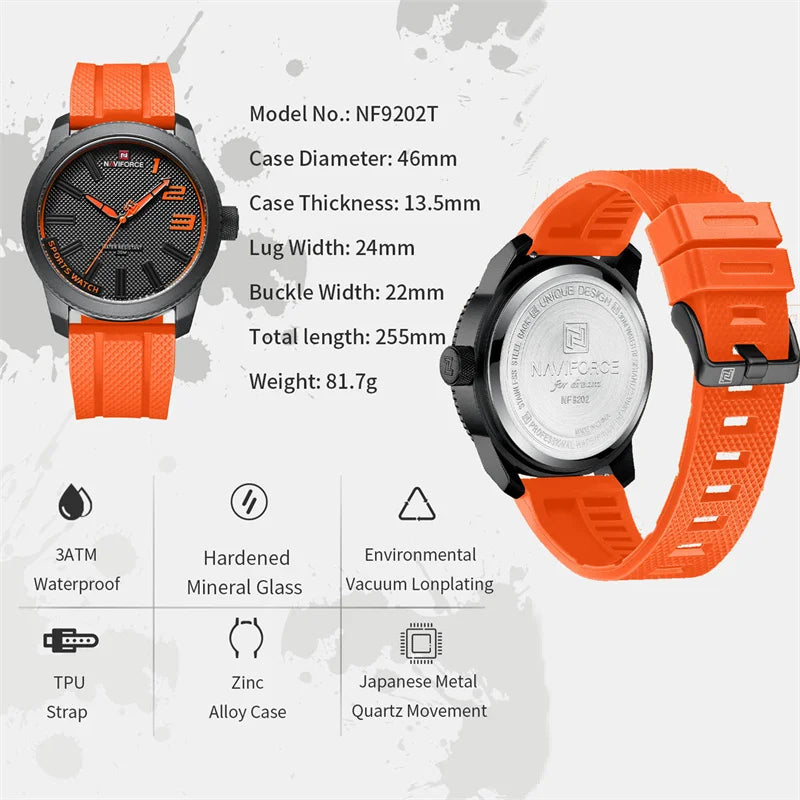 Relógio militar de quartzo masculino esportivo Naviforce - Relógio de pulso impermeável, pulseira de silicone, 30ATM