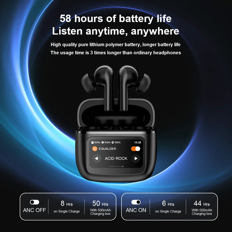 Fones de ouvido inteligente com tela LCD sensível ao toque, bluetooth e bateria de longa duração
