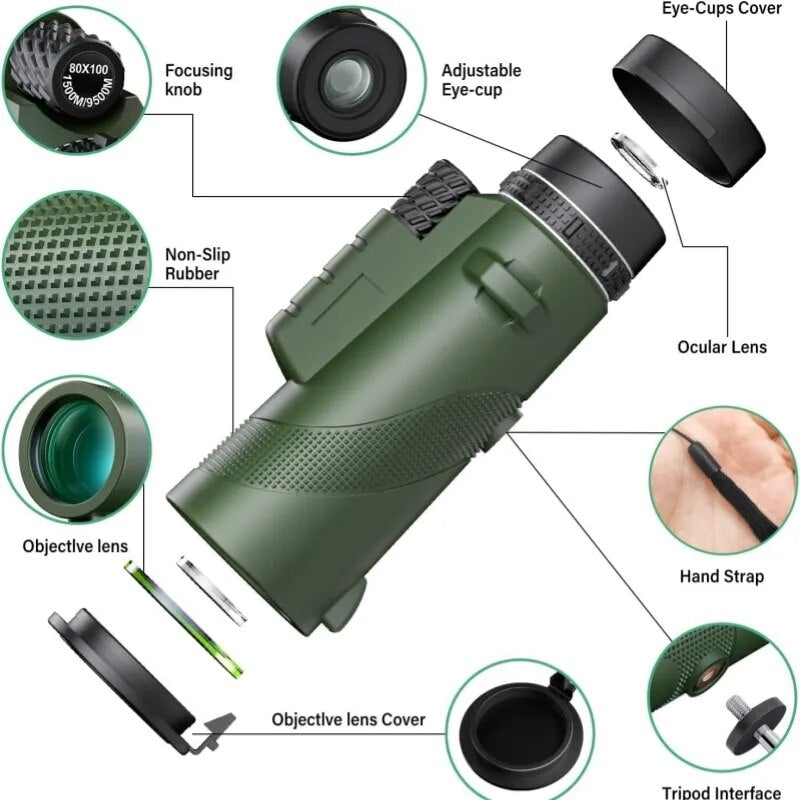 Telescópio monocular portátil de longo alcance para camping e caça. Inclui tripé e clipe de telefone - Zoom 80x100