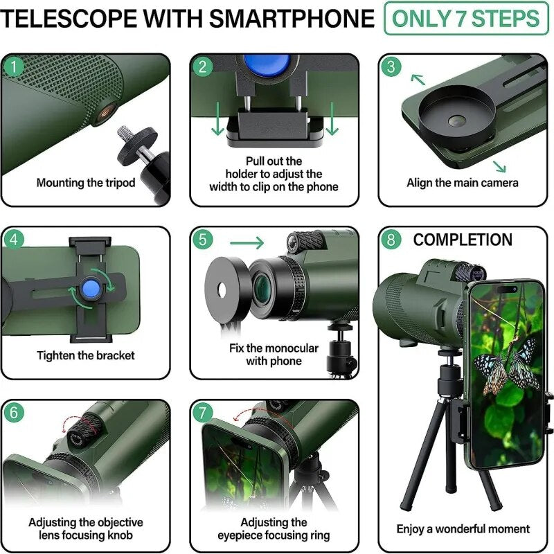 Telescópio monocular portátil de longo alcance para camping e caça. Inclui tripé e clipe de telefone - Zoom 80x100