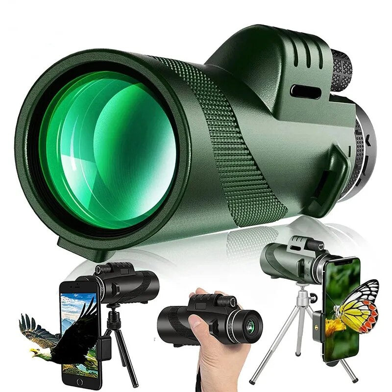 Telescópio monocular portátil de longo alcance para camping e caça. Inclui tripé e clipe de telefone - Zoom 80x100
